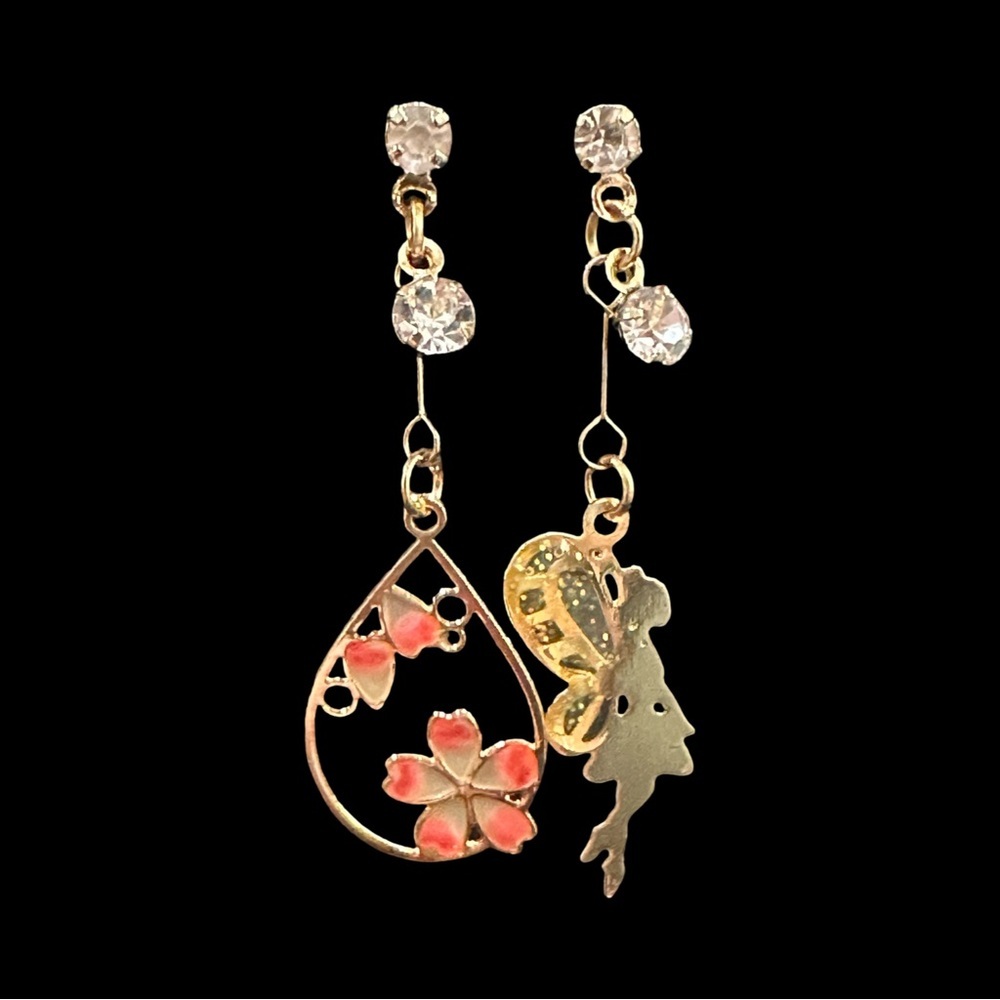 Gold Fairy & Floral Drop Earrings With Rhinestones For Women